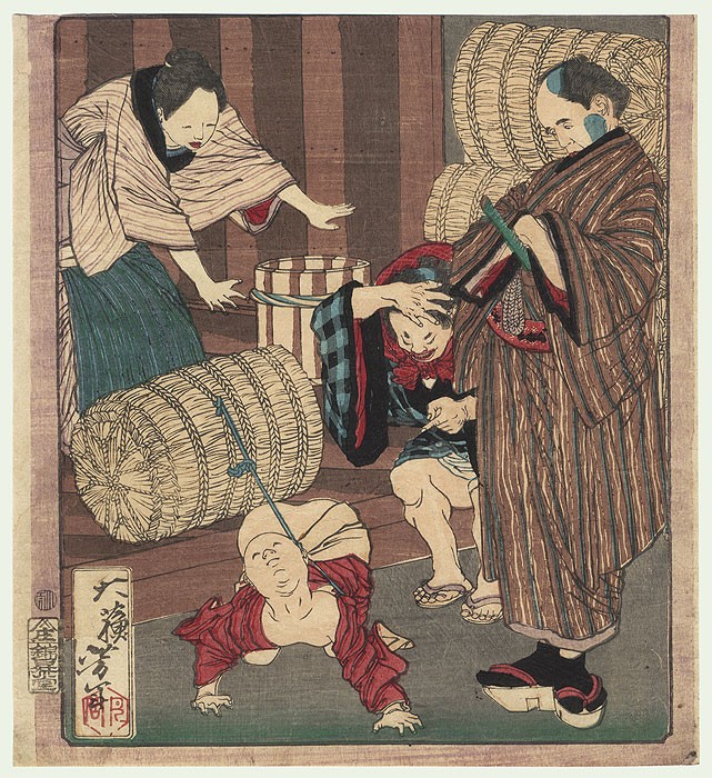 The Child of Horisaka Sahei Tied to a Rice Bale